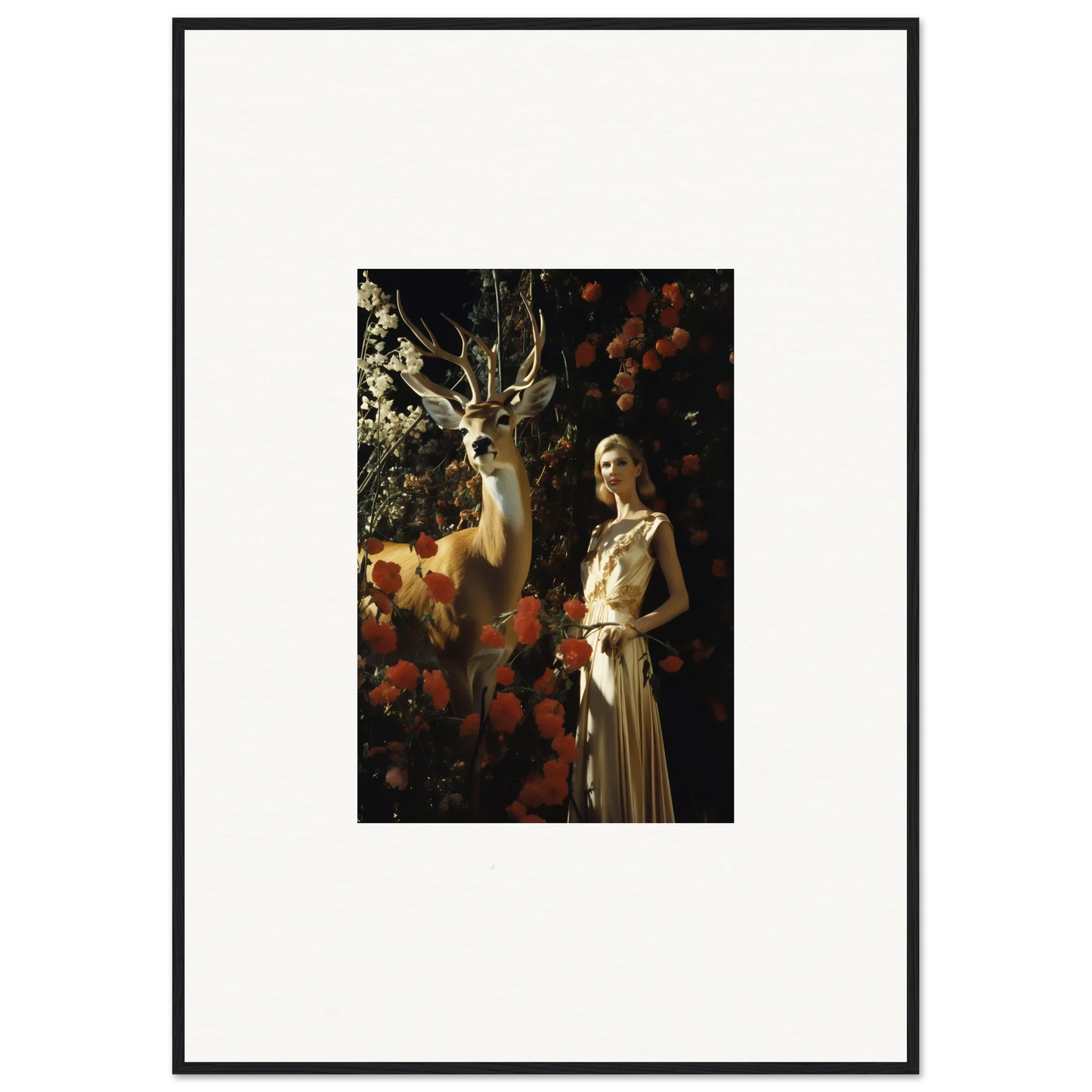 Framed artwork depicting a woman in a light-colored dress standing next to a deer in a forest setting.