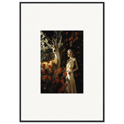 Framed artwork depicting a woman in a light-colored dress standing next to a deer in a forest setting.