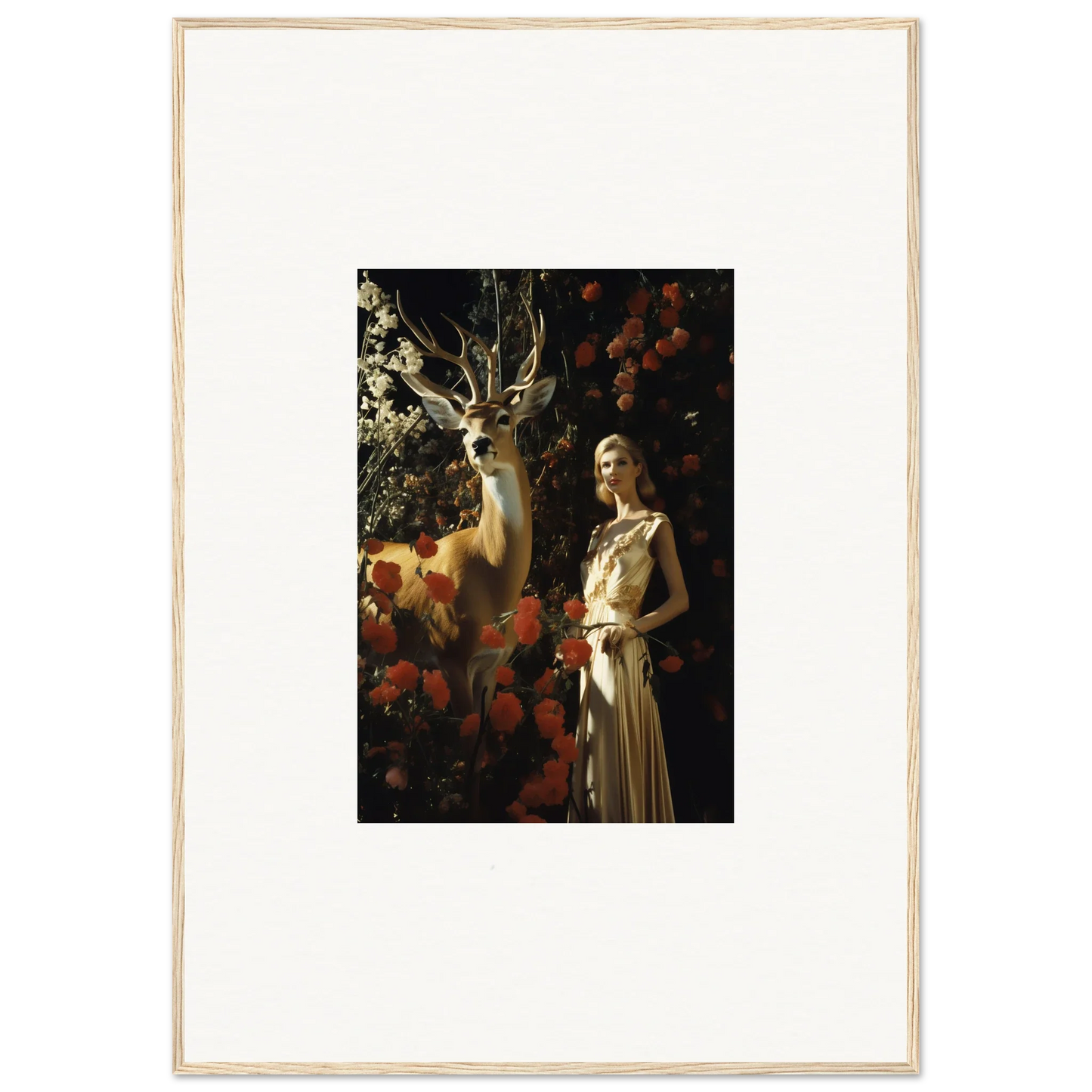 Framed artwork depicting a woman in a light-colored dress standing next to a deer in a floral setting.