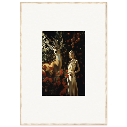 Framed artwork depicting a woman in a light-colored dress standing next to a deer in a floral setting.