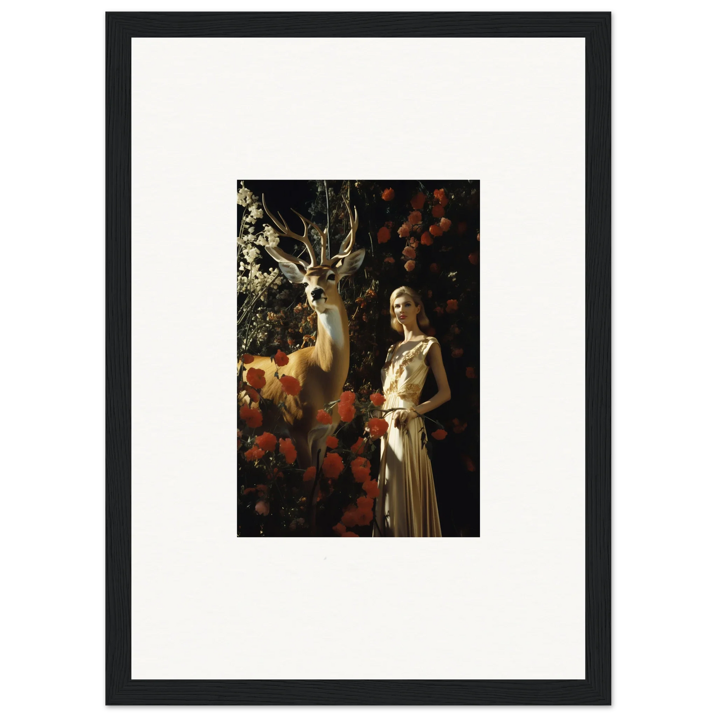 Framed artwork depicting a woman in a light-colored dress standing next to a deer in a floral setting.