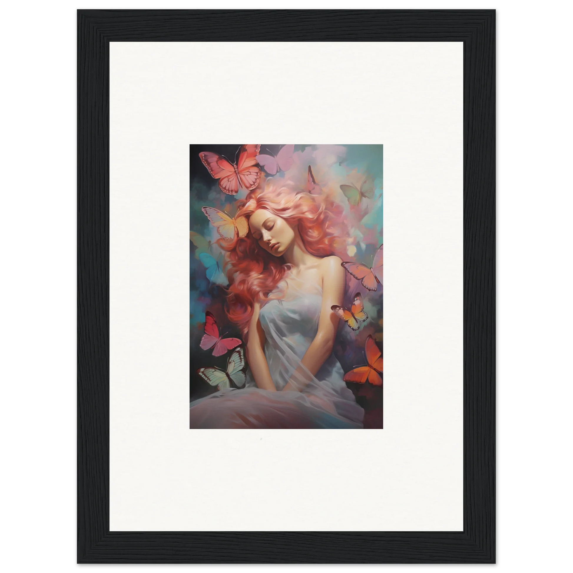 Framed wall art of a woman with red hair in a dreamy butterfly-filled dream stream