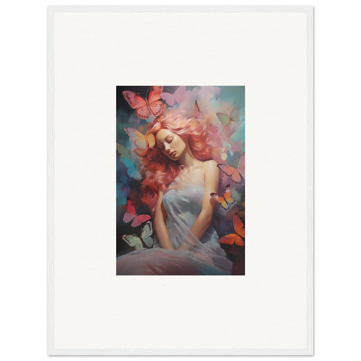 Framed wall art of a woman with red hair in a colorful dream stream butterfly scene