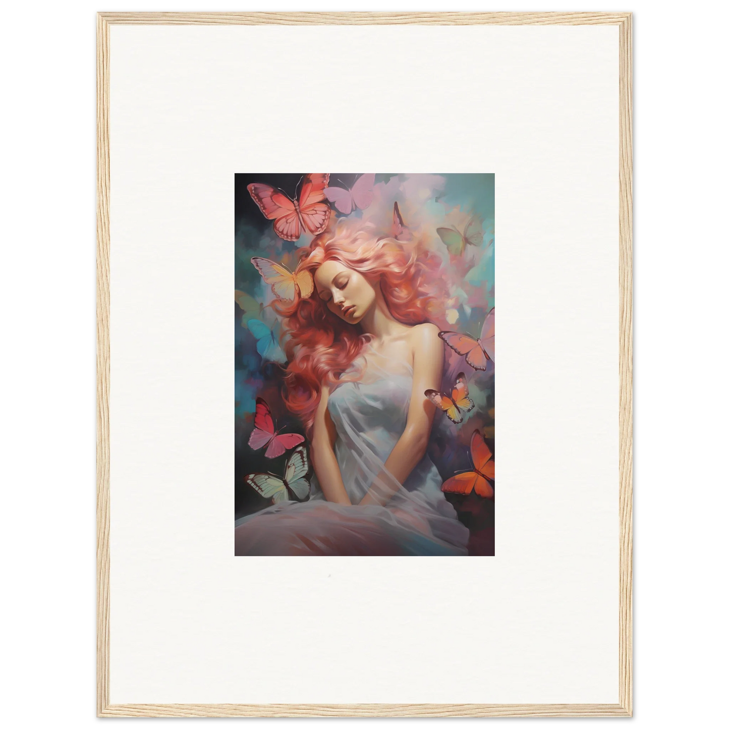 Framed wall art of a woman with red hair in a colorful dream stream setting