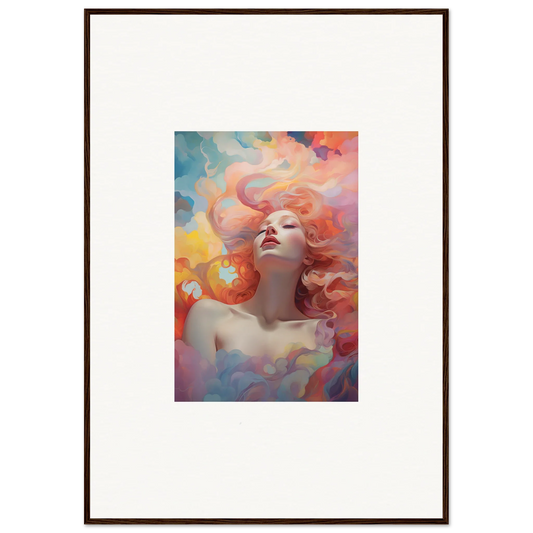 Framed wall art of a woman with red hair in colorful clouds, Euphoria Epiphany decor