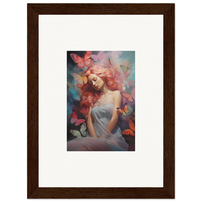 Framed wall art of a woman with colorful butterflies for dreamy room decor