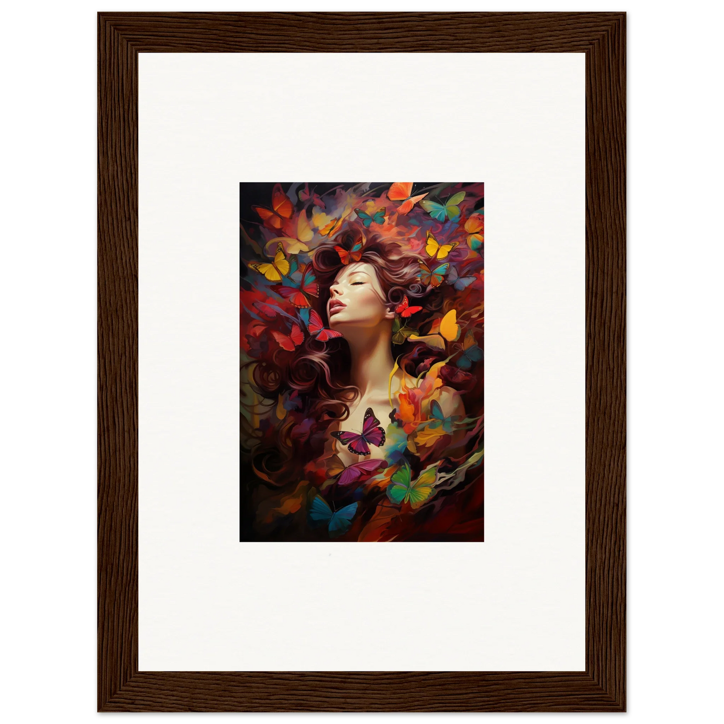 Framed wall art of a woman amid colorful butterflies, a dream cascade for room decor