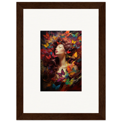 Framed wall art of a woman amid colorful butterflies, a dream cascade for room decor