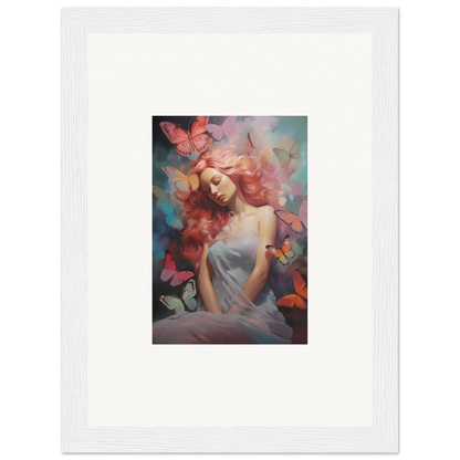 Framed wall art of a woman surrounded by colorful butterflies for dream stream room decor