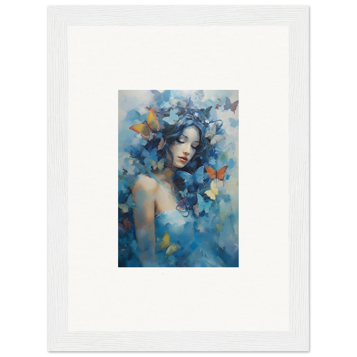 Framed wall art of a woman with blue butterflies for dreamy room decor