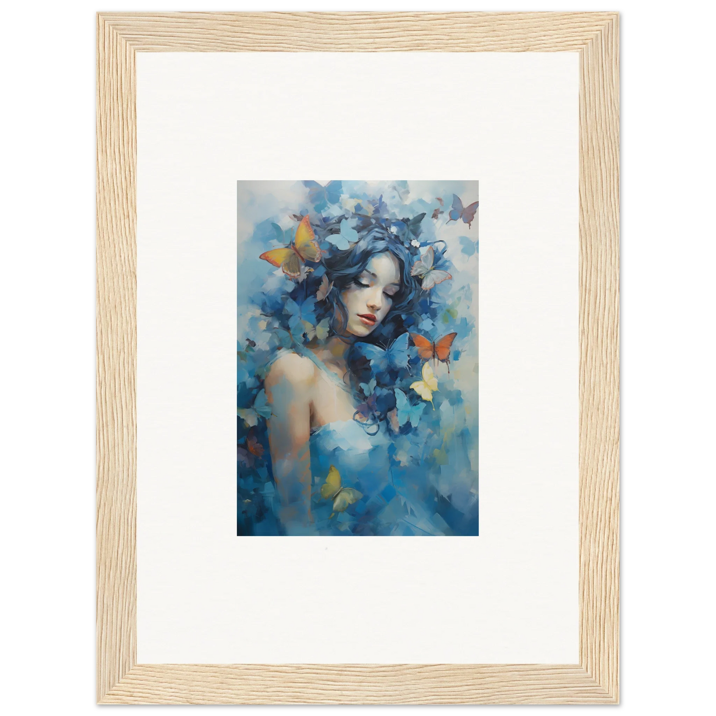 Framed wall art of a woman with butterflies in blue and yellow for dream rhapsody room decor