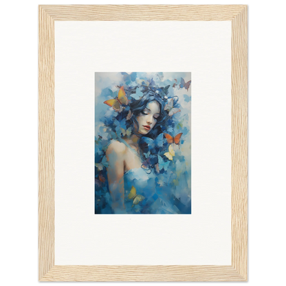 Framed wall art of a woman with butterflies in blue and yellow for dream rhapsody room decor