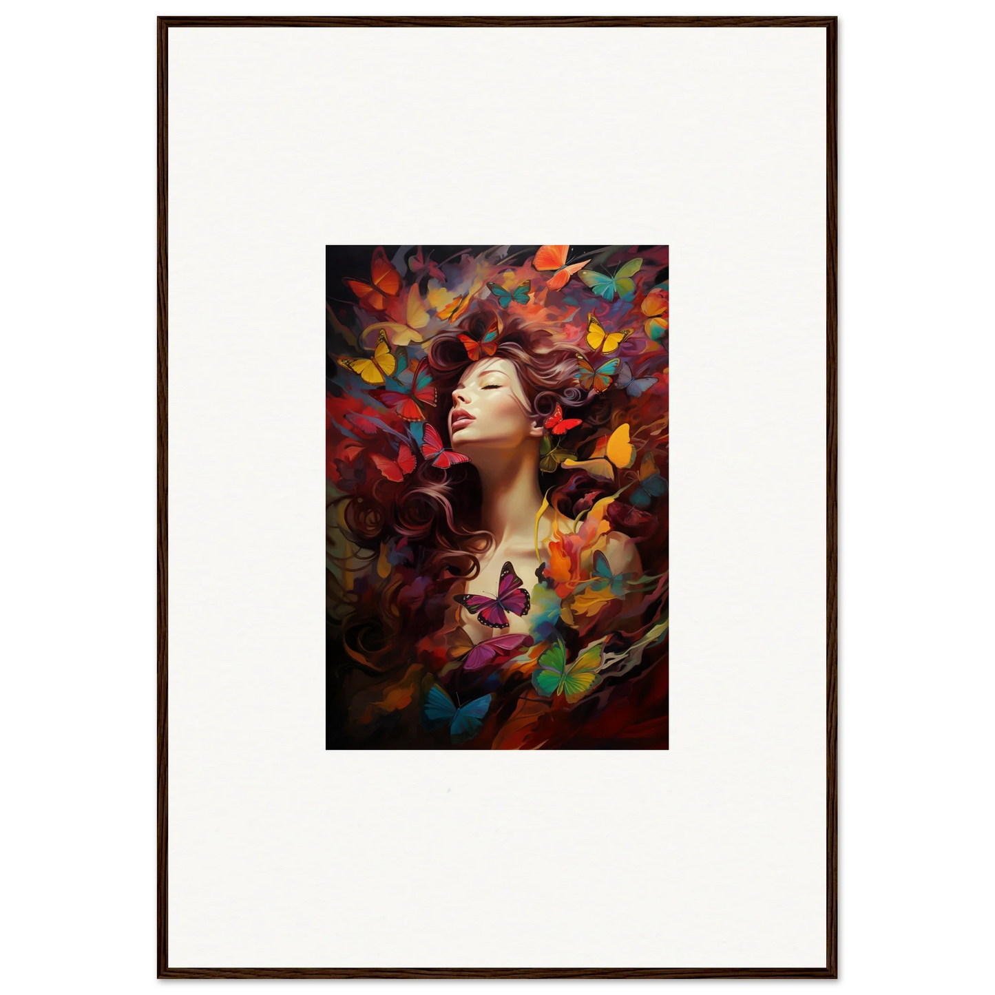 Framed wall art of a woman in a dream cascade with colorful butterflies for room decor