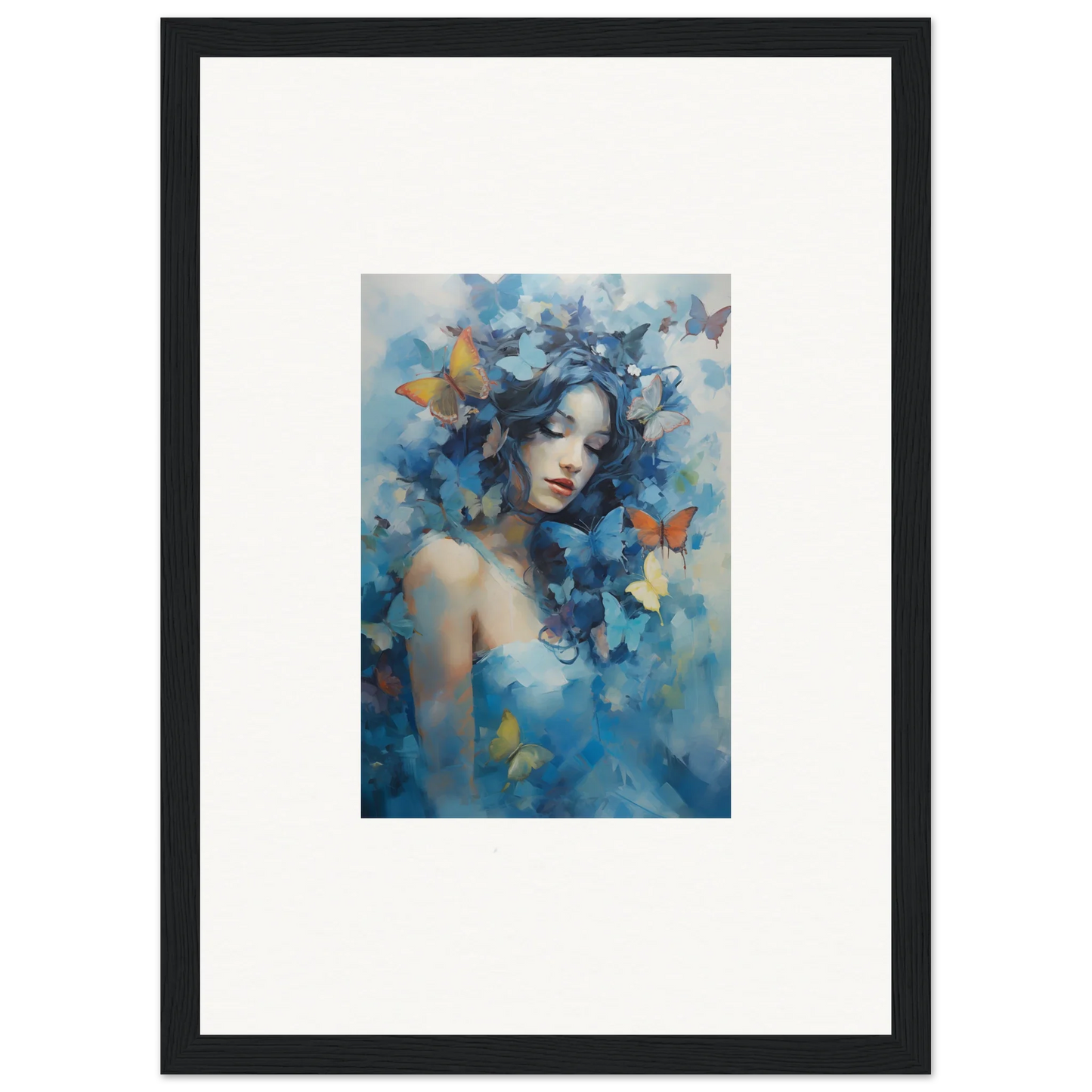 Framed wall art of a woman with blue butterflies for dreamy room decor, Dream Rhapsody