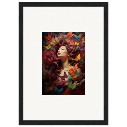 Framed wall art of a woman in a dream cascade with colorful butterflies and leaves