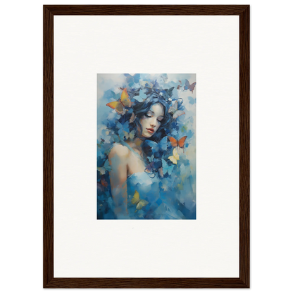 Framed wall art of a woman with blue butterflies in dreamy style for dream rhapsody room decor