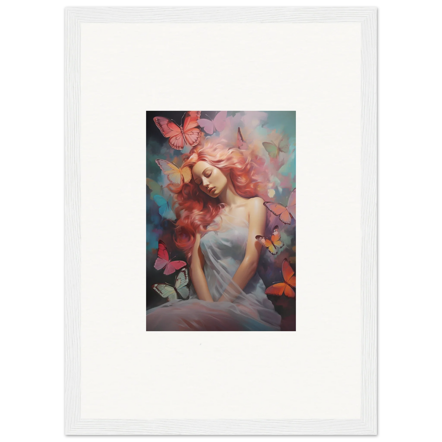 Framed wall art of a woman with colorful butterflies for dream stream room decor