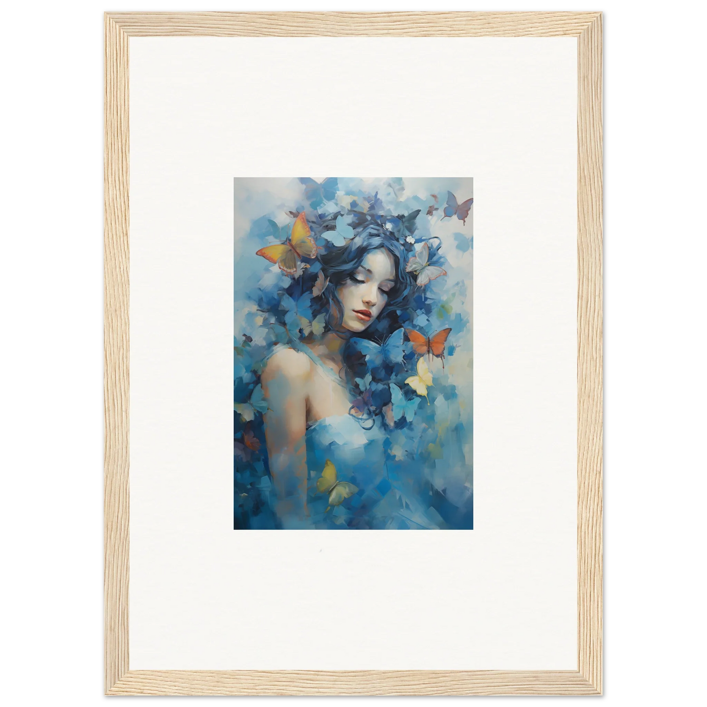 Framed wall art of a woman with blue butterflies, perfect for dream rhapsody room decor