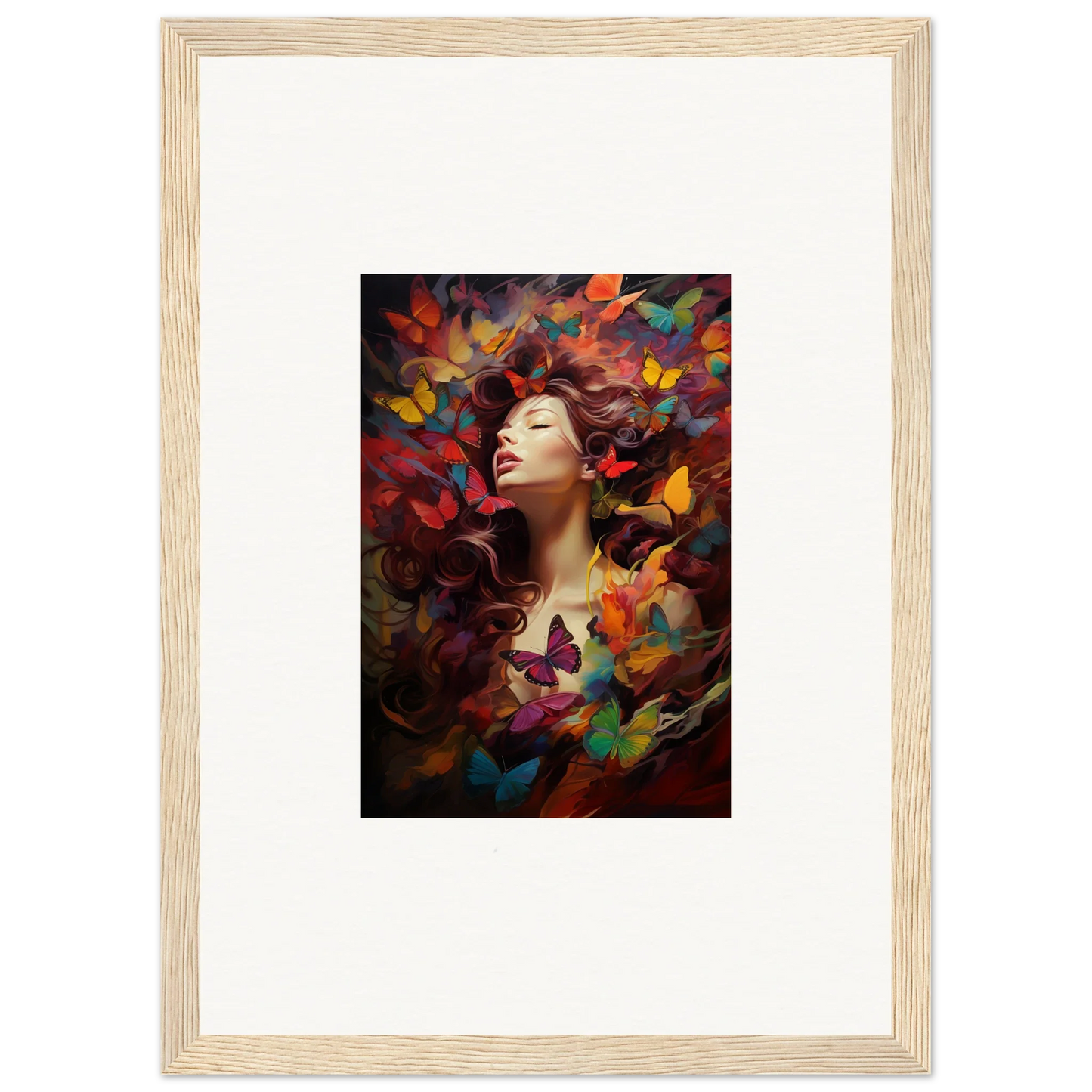 Framed wall art of a woman in colorful dream cascade abstract shapes for room decor