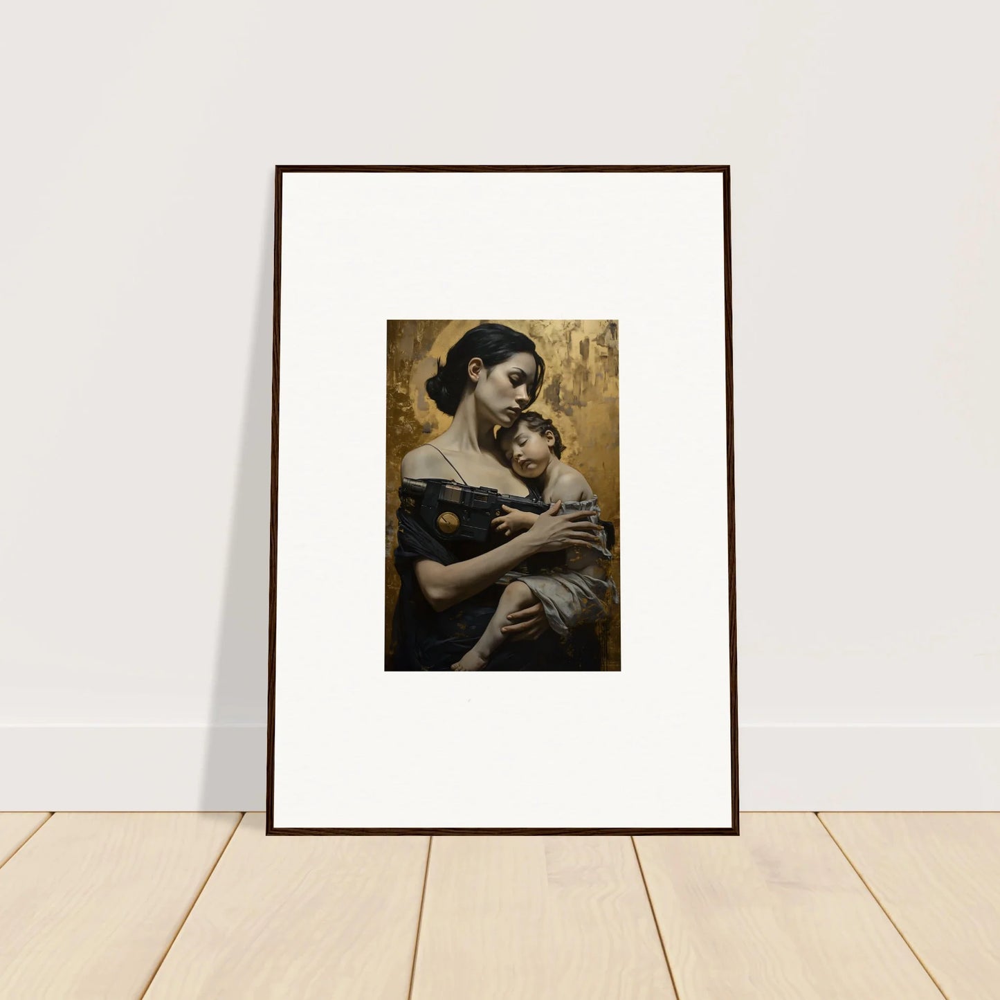 Framed wall art of a woman embracing child, part of the Golden Protector Diptych for room decor