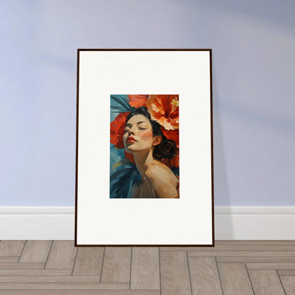 Framed wall art of a woman with red flowers, perfect for petal palpitation room decor