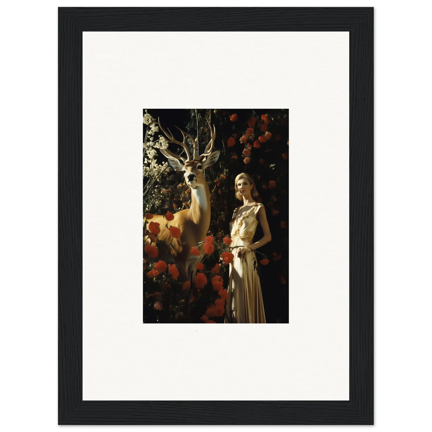 Framed artwork depicting a woman in a white dress standing next to a deer in a forest setting.