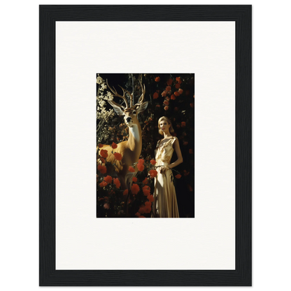 Framed artwork depicting a woman in a white dress standing next to a deer in a forest setting.