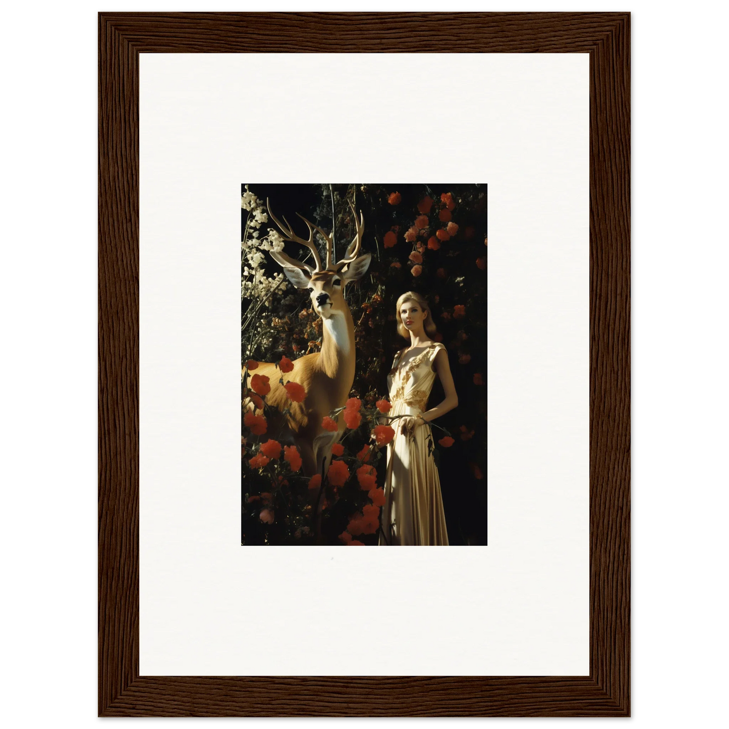 Framed artwork depicting a woman in a white dress standing next to a deer in a dark, floral setting.