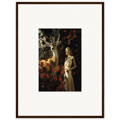 Framed artwork depicting a woman in a white dress standing next to a deer amid flowers.