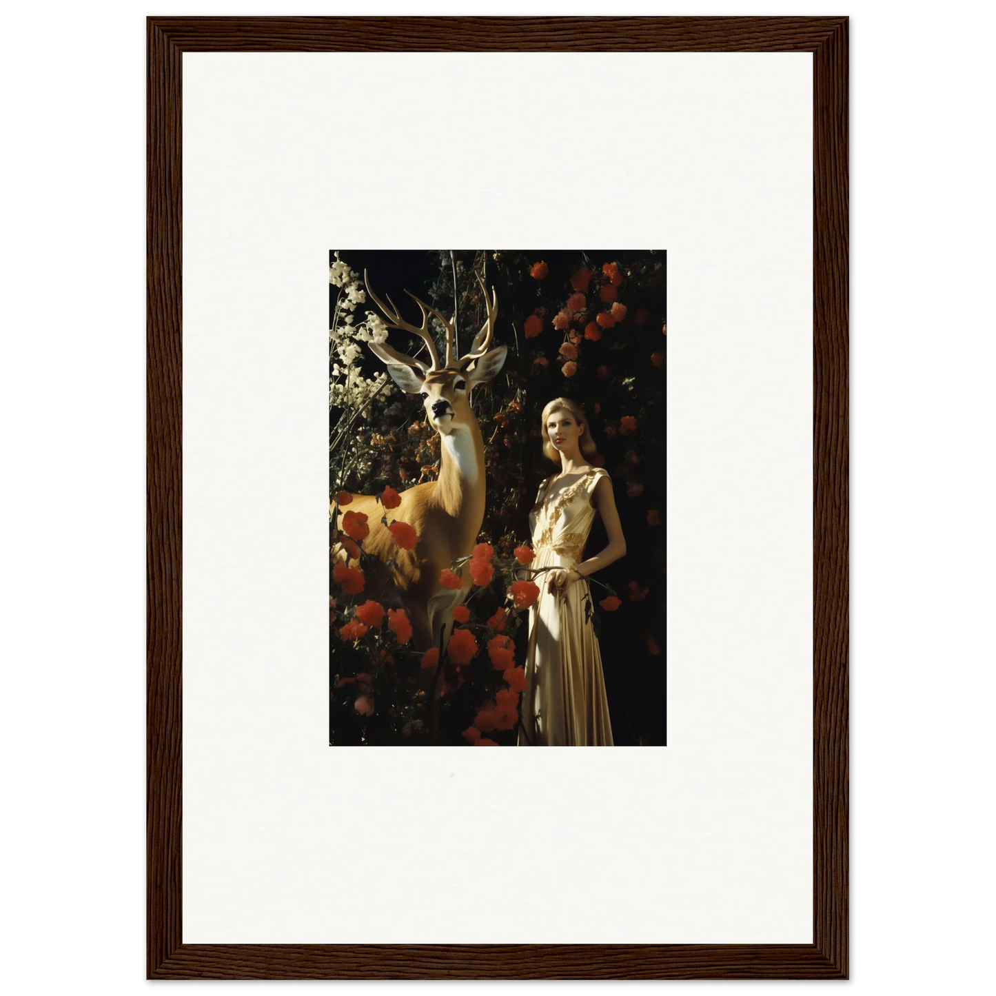 Framed artwork depicting a woman in a white dress standing next to a deer amid foliage.