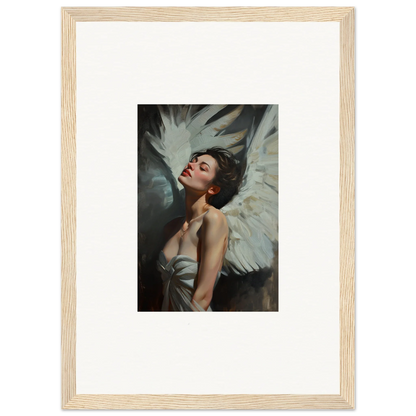 Framed wall art of a woman with white wings for exquisite room decor and feathered elegance