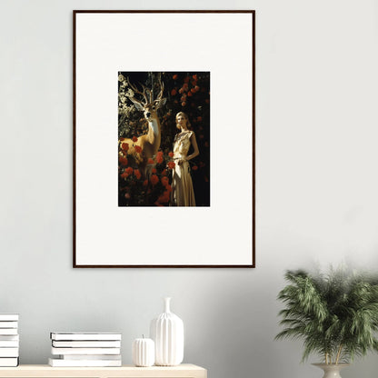 Framed artwork depicting a woman in a white dress standing next to a deer in a forest setting.