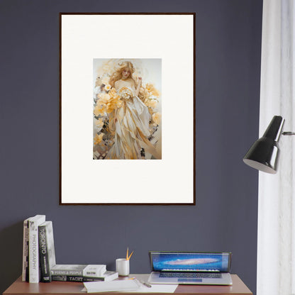 Framed wall art of a woman in a white dress surrounded by flowers for elegant room decor