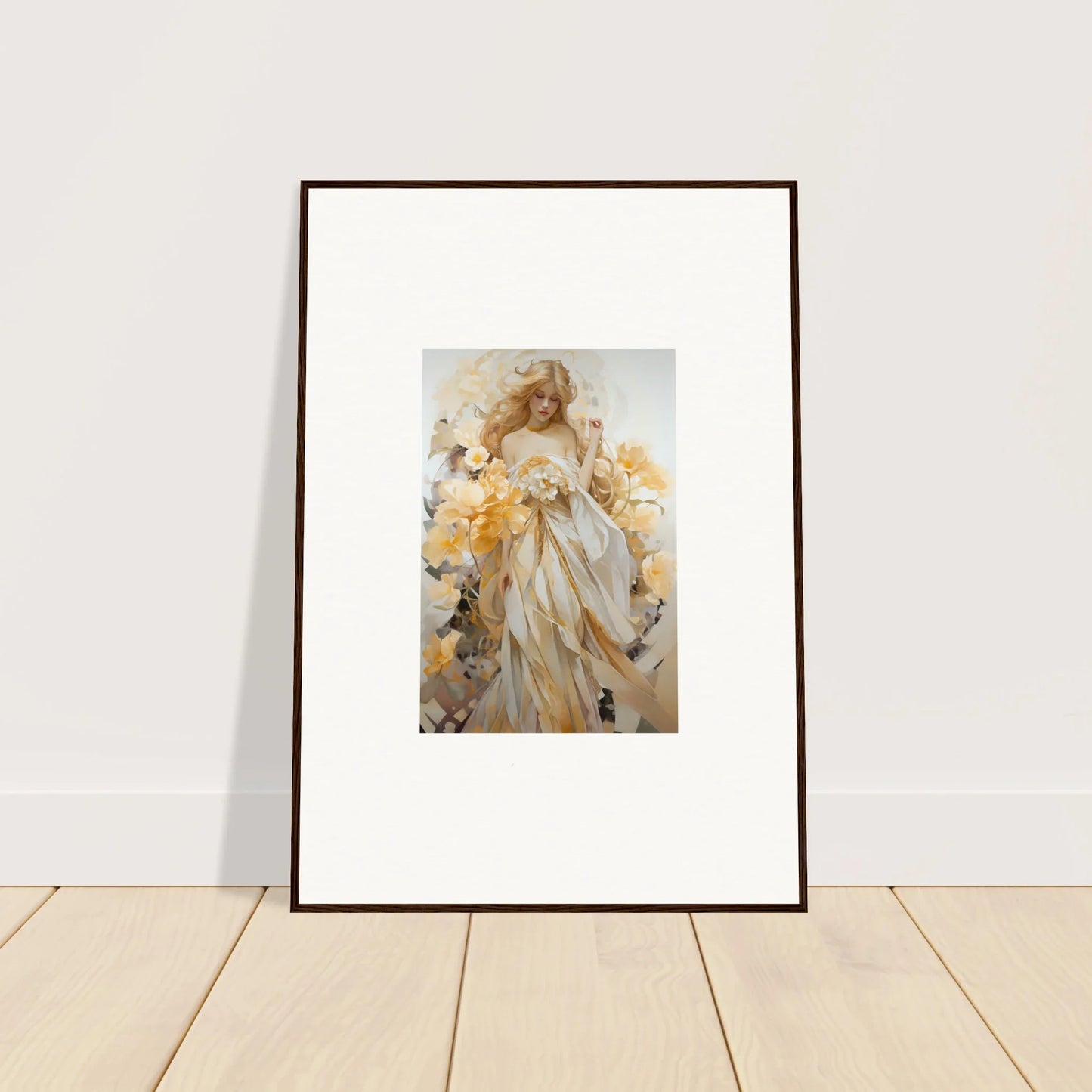 Framed wall art of a woman in a white dress with flowers for elegant blossom sway room decor