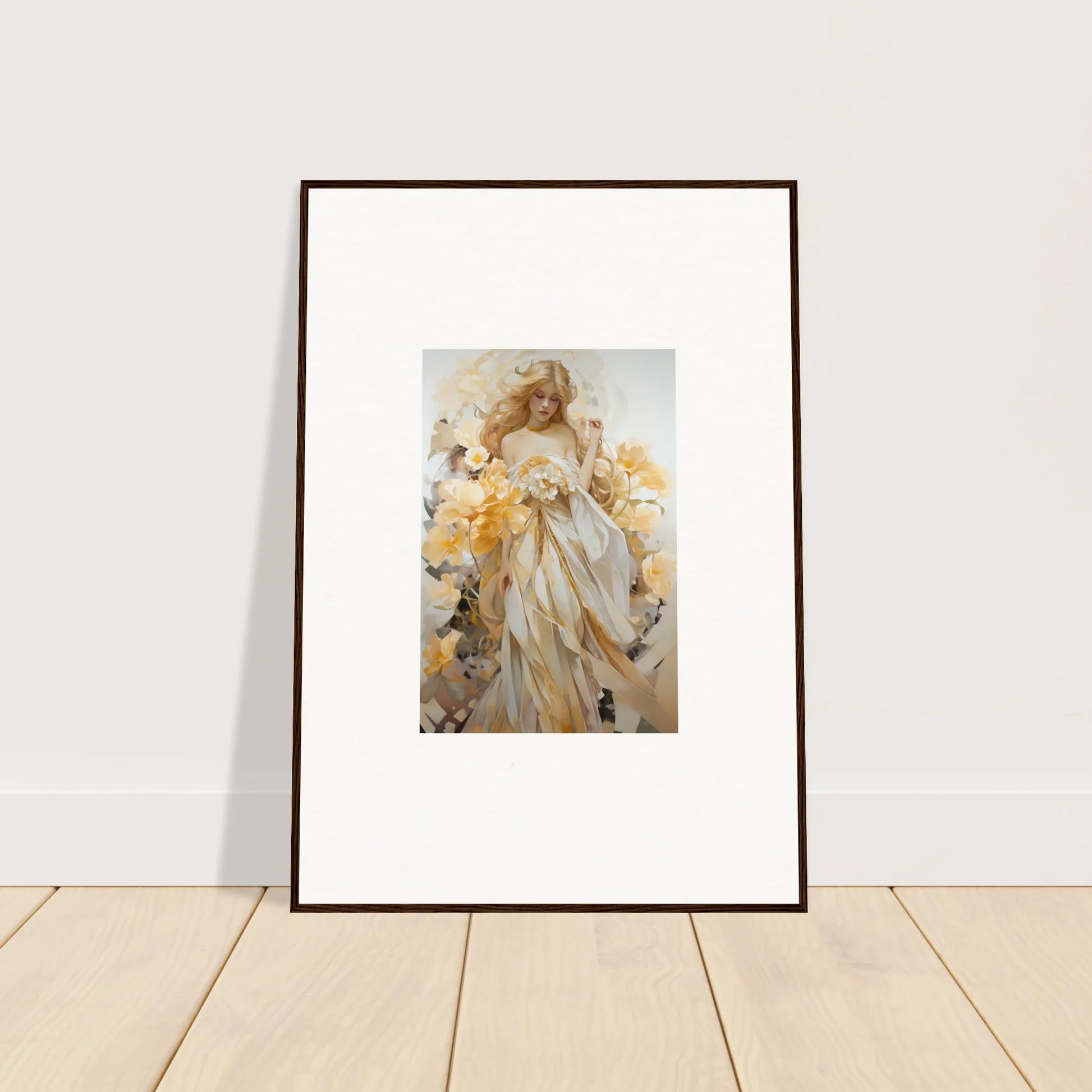 Framed wall art of a woman in a white dress with flowers for elegant blossom sway room decor