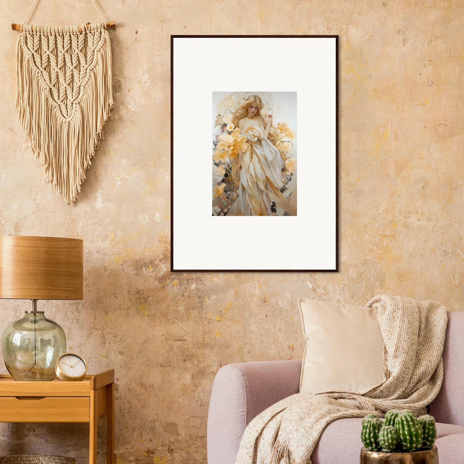 Framed wall art of a woman in a white dress among yellow flowers for blossom sway room decor