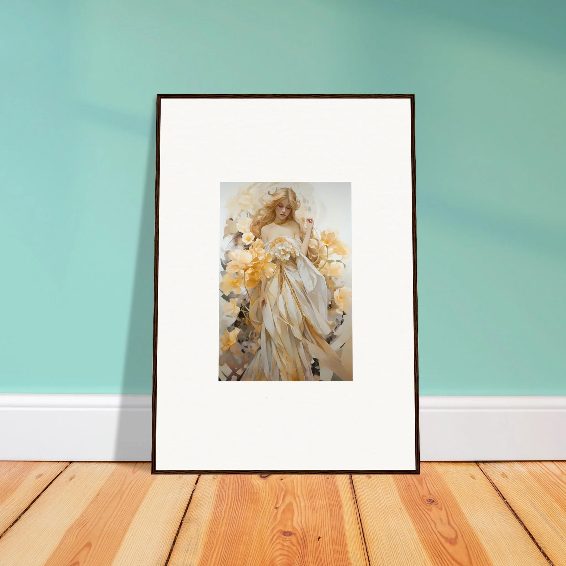 Framed wall art of a woman in a flowing white dress amid blossoms for room decor