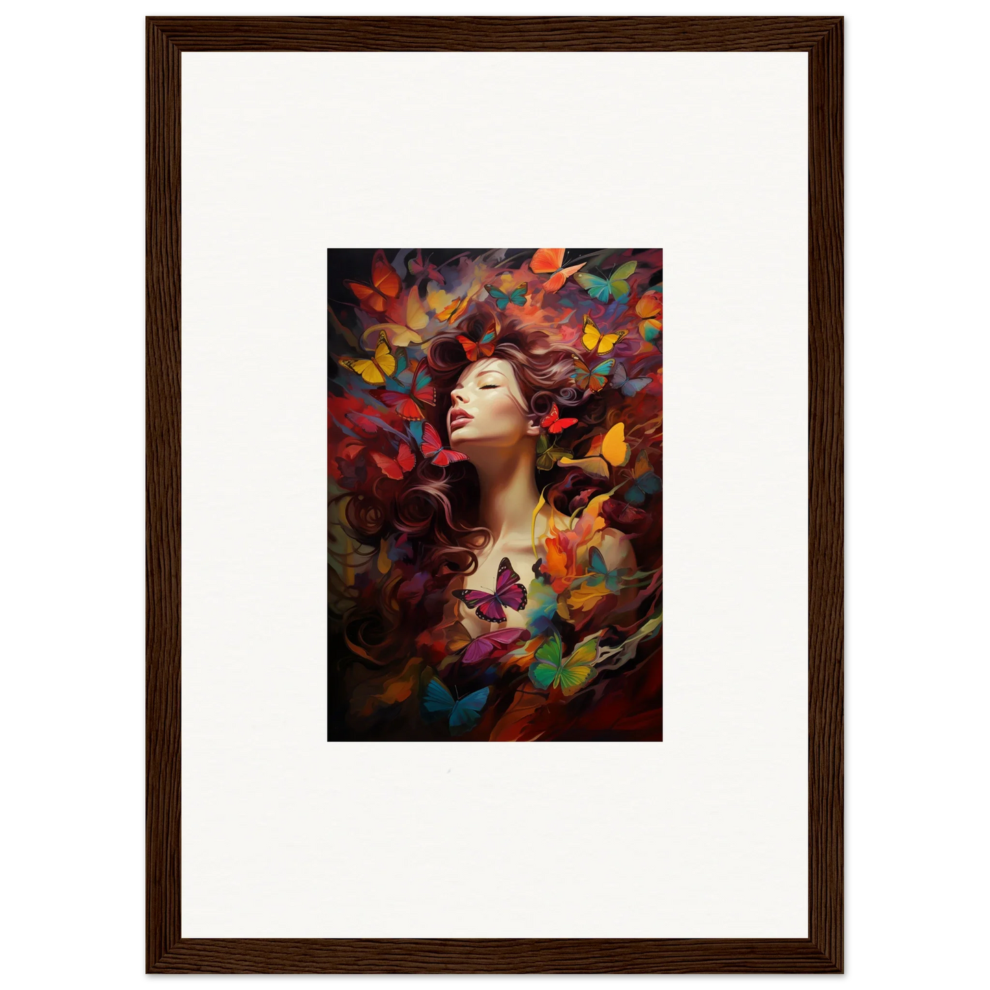 Framed wall art of a woman’s face in colorful dream cascade for unique room decor