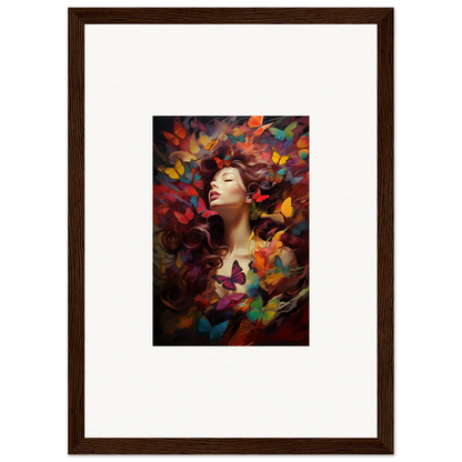 Framed wall art of a woman’s face in colorful dream cascade for unique room decor