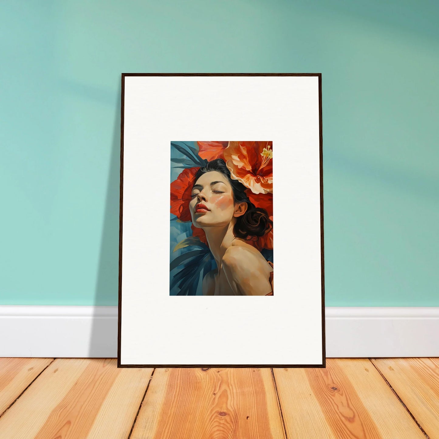 Framed wall art featuring a woman’s face and vibrant red flowers for stylish room decor