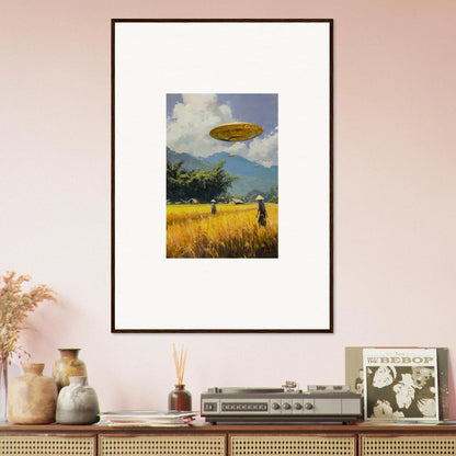 Framed wall art of yellow field with figures and blimp for stylish room decor