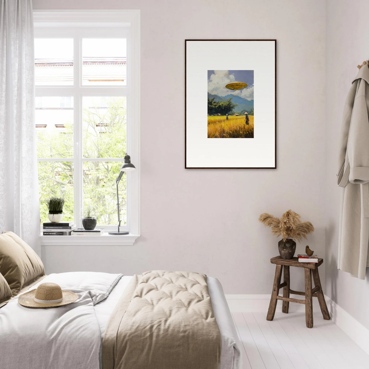 Framed wall art depicting a yellow field and hot air balloon for vibrant room decor