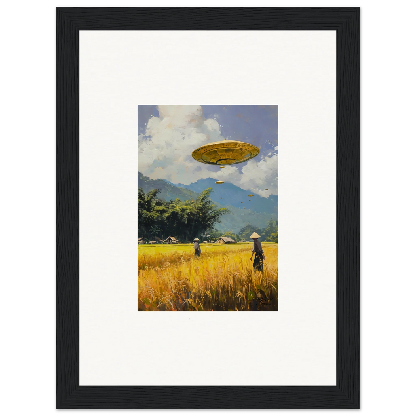 Framed wall art of a yellow UFO over a rural field enhancing your room decor with Circles Kabuki