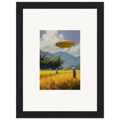 Framed wall art of a yellow UFO over a rural field enhancing your room decor with Circles Kabuki