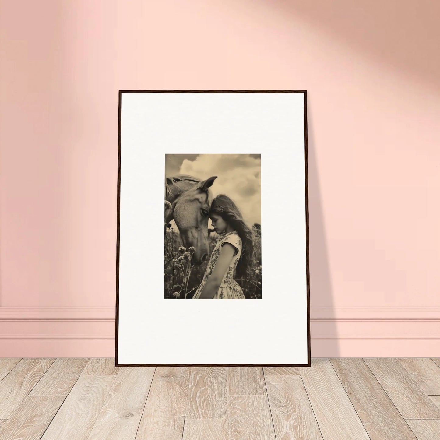 Framed black-and-white photograph of a person and horse, perfect for room decor Whisper Forever