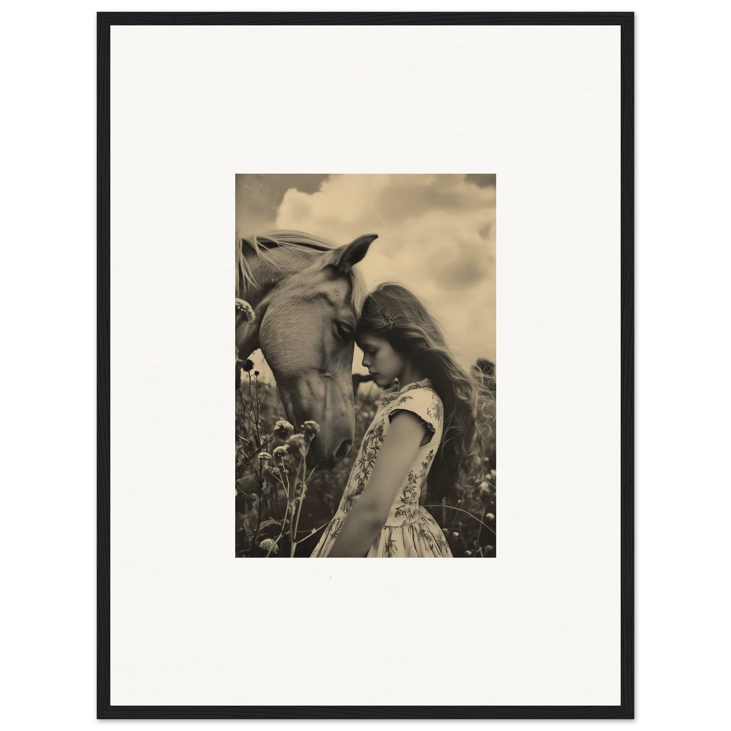 Framed black-and-white photograph of a girl and horse, perfect for room decor, Whisper Forever