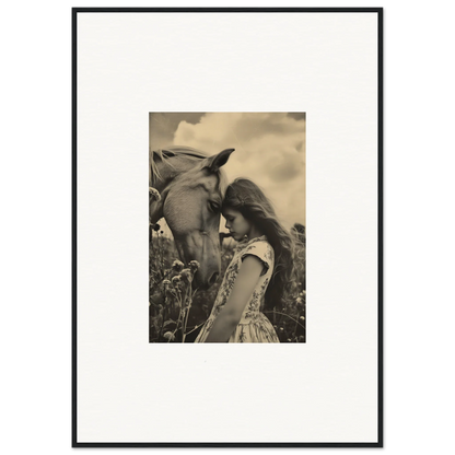 Framed black-and-white photograph of a young girl and horse for elegant room decor