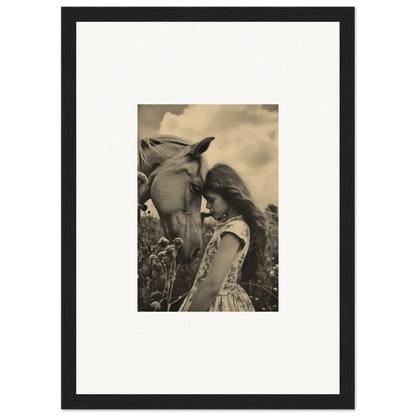 Framed black-and-white photograph of a girl and horse for Whisper Forever room decor