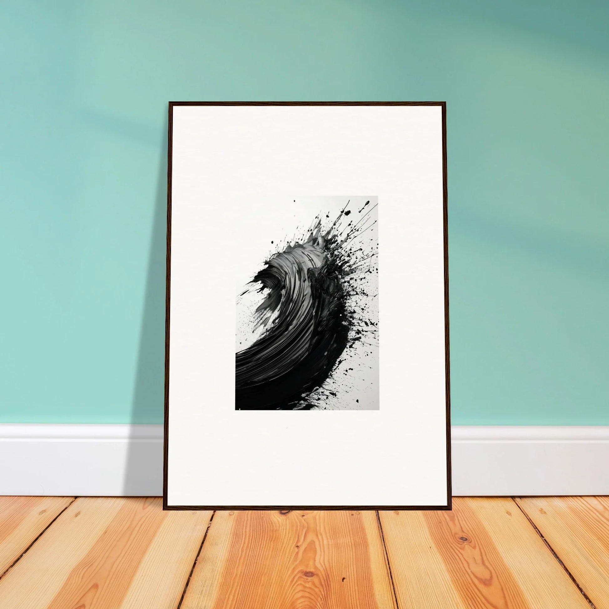 Framed black and white abstract artwork of a splashing wave for stylish room decor