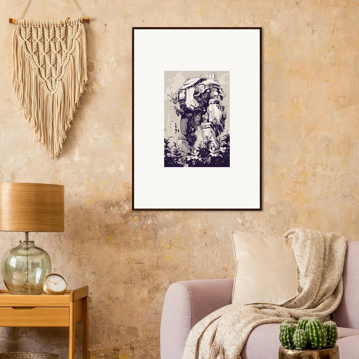 Framed black and white abstract artwork of embracing figures for room decor featuring Steel Harbinger